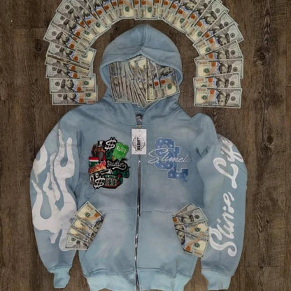 Hooded Cardigan Jacket Embroidered Print Mens Sweatshirt