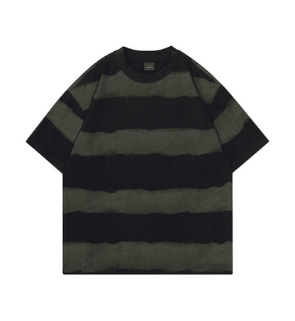 Tie-dye Washed Striped Short-Sleeve Mens Cotton T-Shirt
