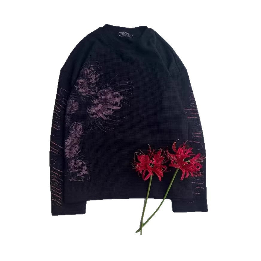 Floral-print Long-sleeve T-shirt Loose-fitting Crew-neck Top