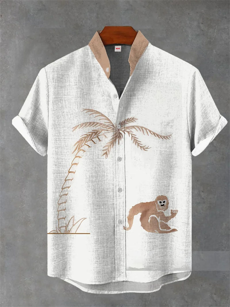 Linen Short-sleeve Mens Printed Hawaiian Casual Shirt
