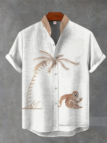 Linen Short-sleeve Mens Printed Hawaiian Casual Shirt