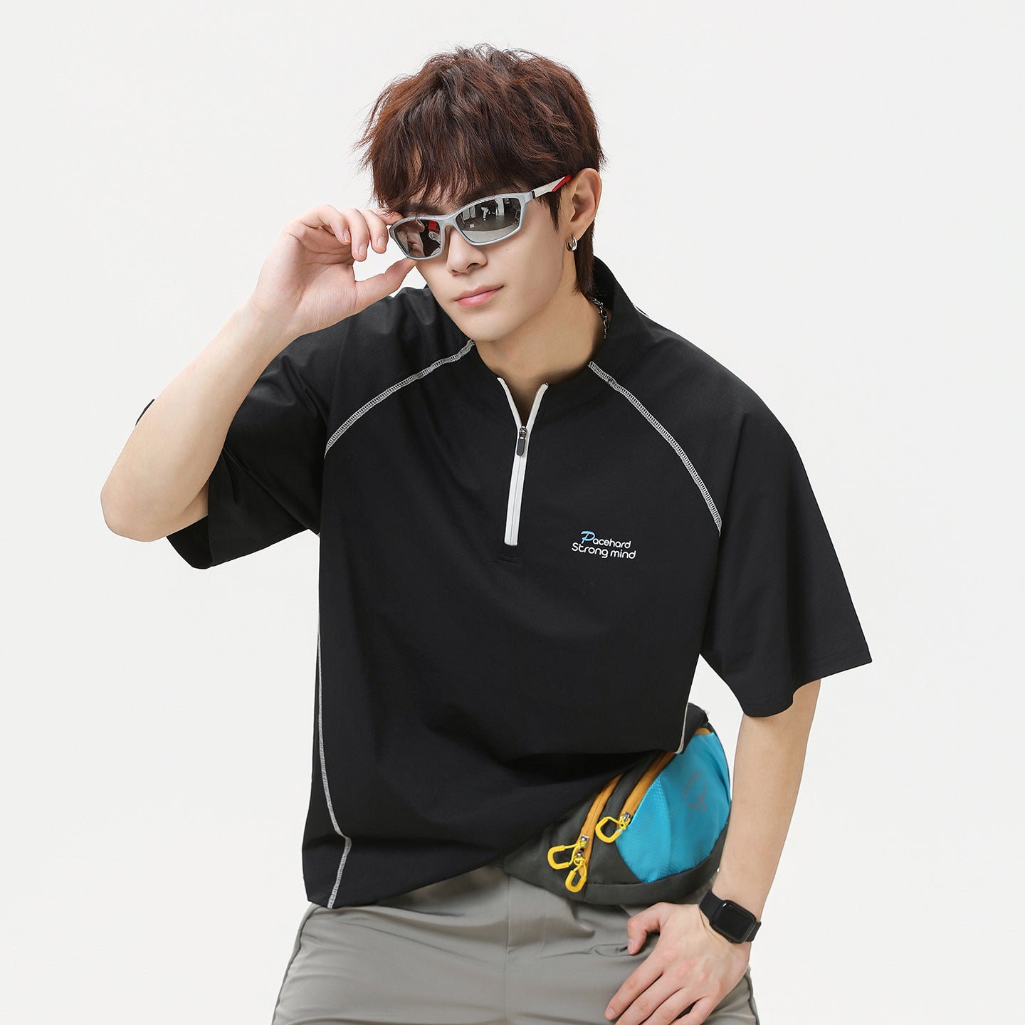 Men's Sporty Loose Half-Zip Short-Sleeve T-Shirt