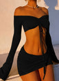 Drawstring Drop Ruched Off Shoulder Two-piece Skirt Set Y2K Long Sleeve Top & Bodycon Skirt Outfits Women's Clothing
