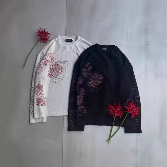 Floral-print Long-sleeve T-shirt Loose-fitting Crew-neck Top