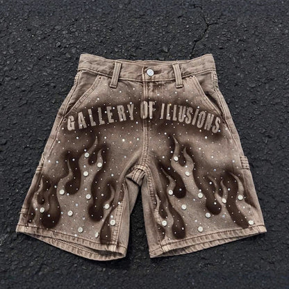 Men's Printed Rhinestone-Embellished Loose Cropped Shorts