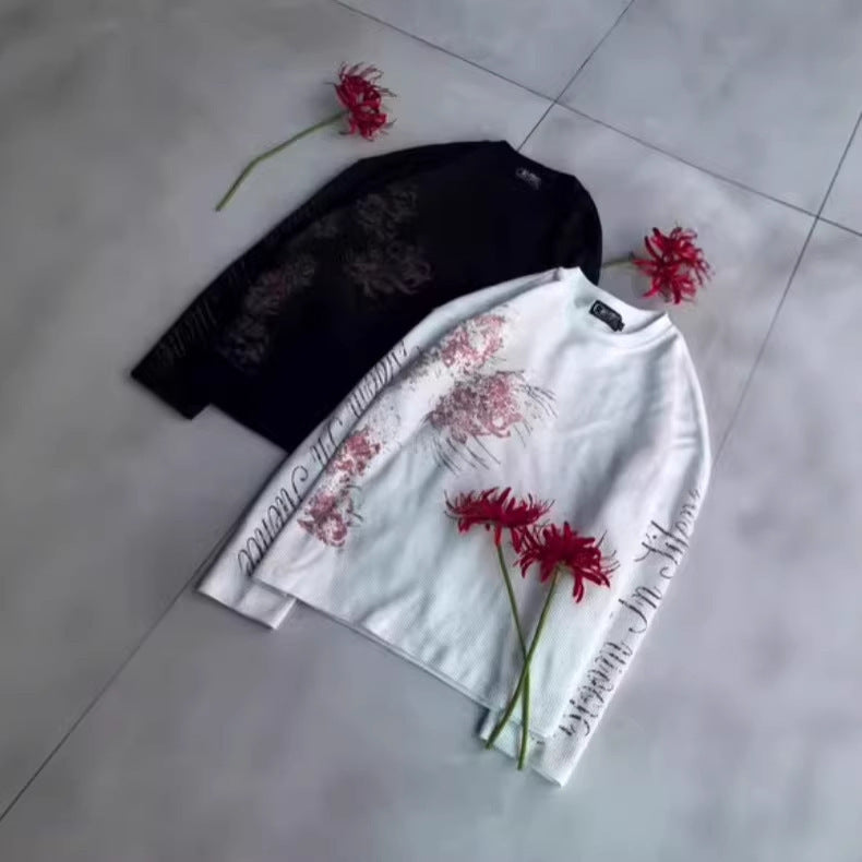 Floral-print Long-sleeve T-shirt Loose-fitting Crew-neck Top