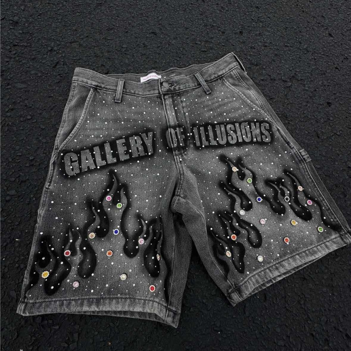 Men's Printed Rhinestone-Embellished Loose Cropped Shorts