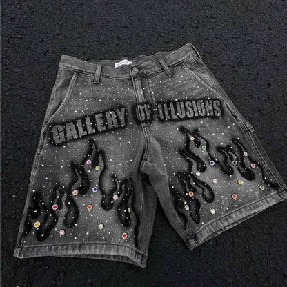 Men's Printed Rhinestone-Embellished Loose Cropped Shorts