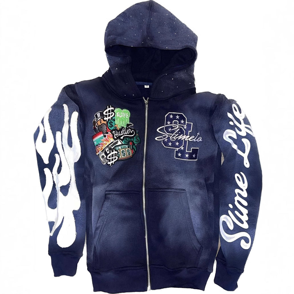 Hooded Cardigan Jacket Embroidered Print Mens Sweatshirt