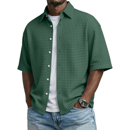 Men's Solid-Colored Waffle-Weave T-Shirt With Lapel Collar