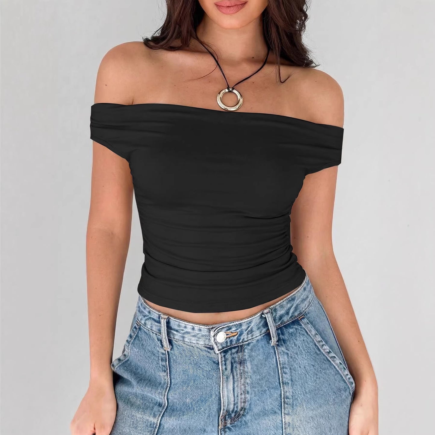 Off-shoulder Spicy Girl Base T-shirt For Women