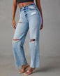 Ripped, Raw-Hem Denim Jeans Casual Washed Womens Straight-Leg Pants