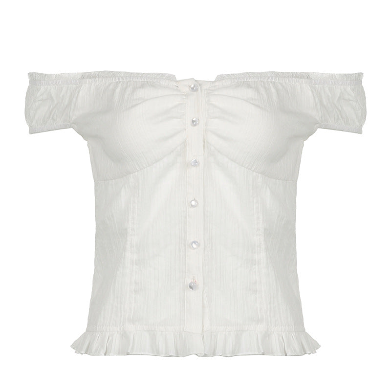 American-style Resort-Ready Minimalist Off-Shoulder Lace-trimmed Patchwork Short Shirt