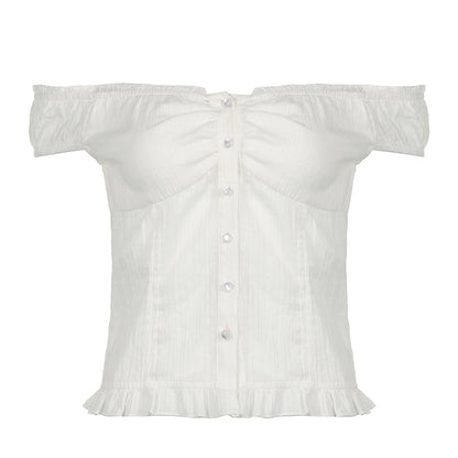 American-style Resort-Ready Minimalist Off-Shoulder Lace-trimmed Patchwork Short Shirt