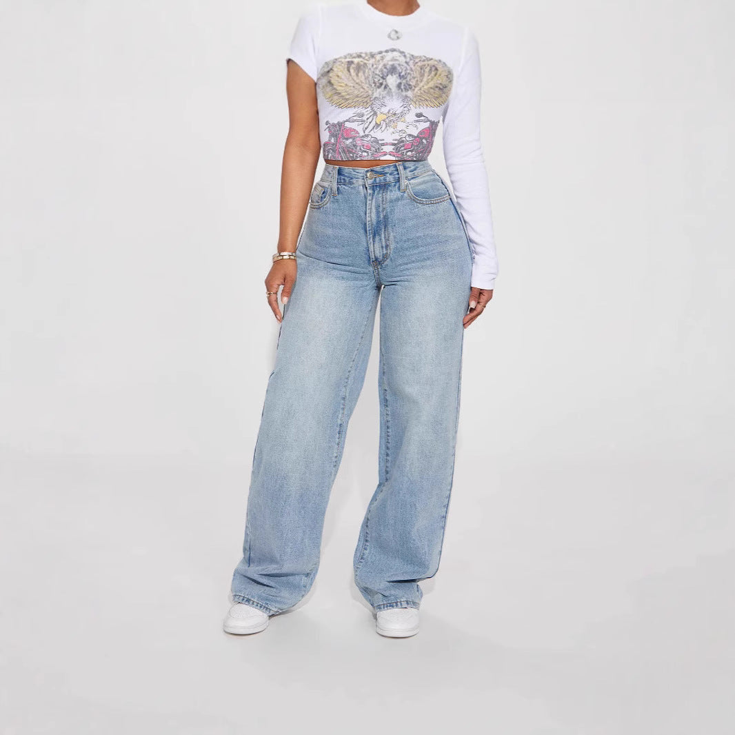 Euro-American Cross-Border Light Blue High-Waist Straight-Leg Jeans