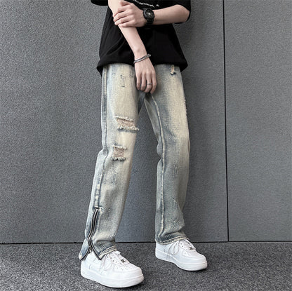 Mens SpringSummer Loose-Fit Denim Jeans With A Side Zipper