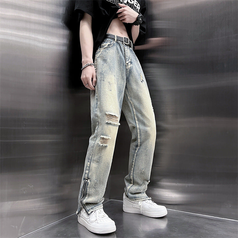 Mens SpringSummer Loose-Fit Denim Jeans With A Side Zipper