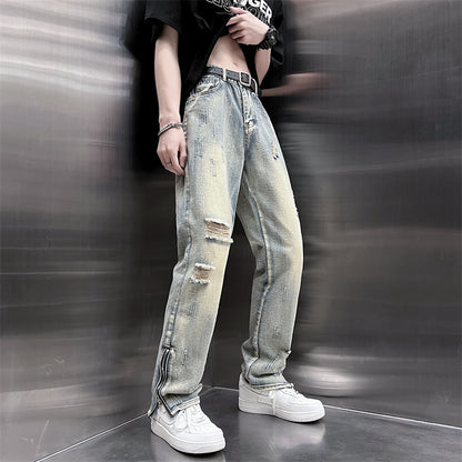Mens SpringSummer Loose-Fit Denim Jeans With A Side Zipper