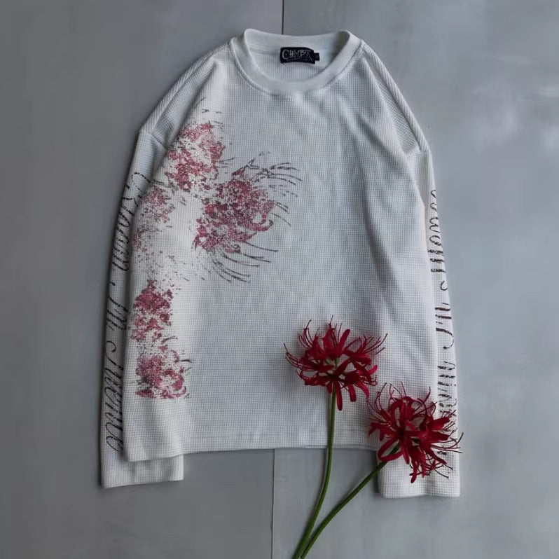 Floral-print Long-sleeve T-shirt Loose-fitting Crew-neck Top