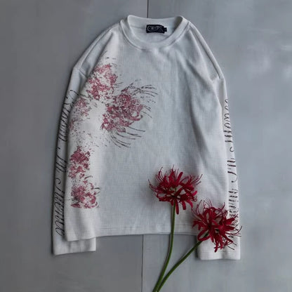 Floral-print Long-sleeve T-shirt Loose-fitting Crew-neck Top