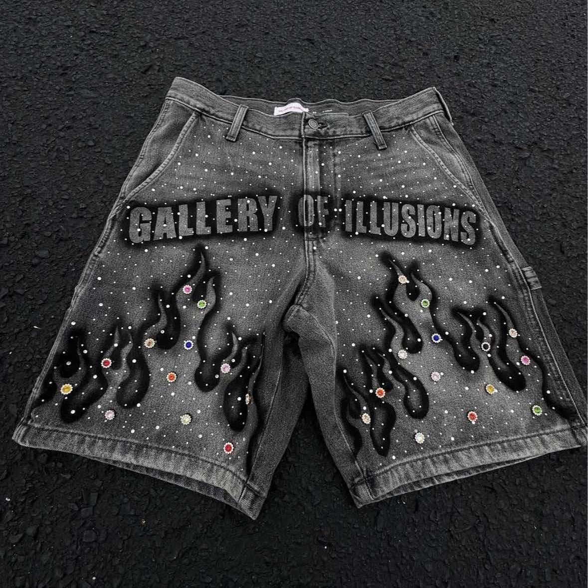 Men's Printed Rhinestone-Embellished Loose Cropped Shorts