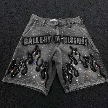 Men's Printed Rhinestone-Embellished Loose Cropped Shorts