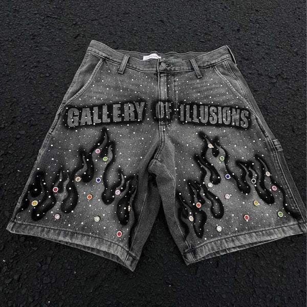 Men's Printed Rhinestone-Embellished Loose Cropped Shorts