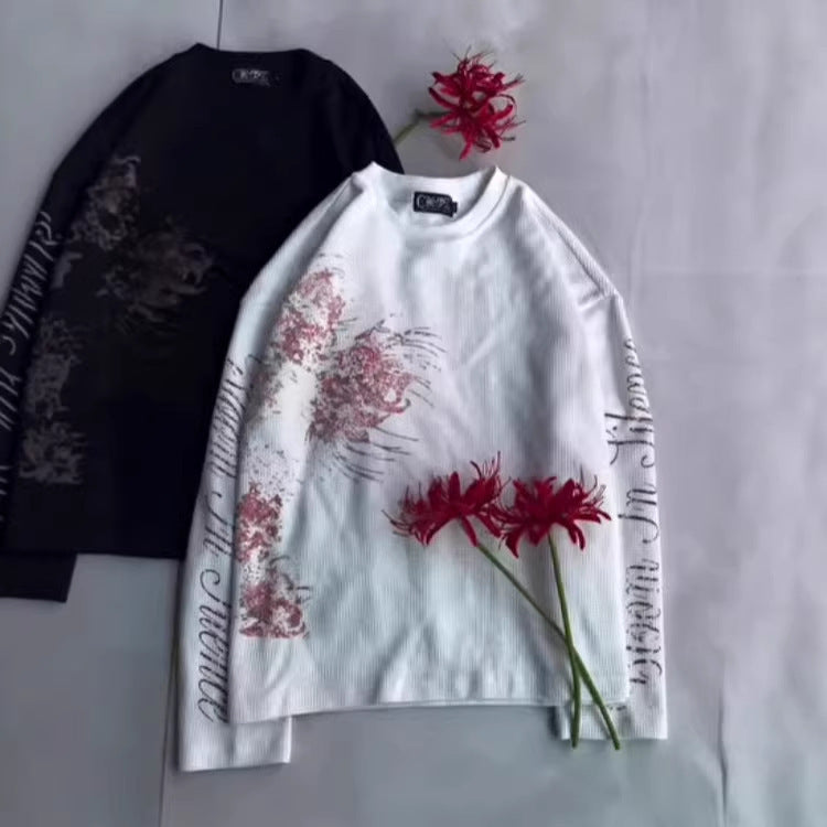 Floral-print Long-sleeve T-shirt Loose-fitting Crew-neck Top
