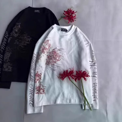 Floral-print Long-sleeve T-shirt Loose-fitting Crew-neck Top