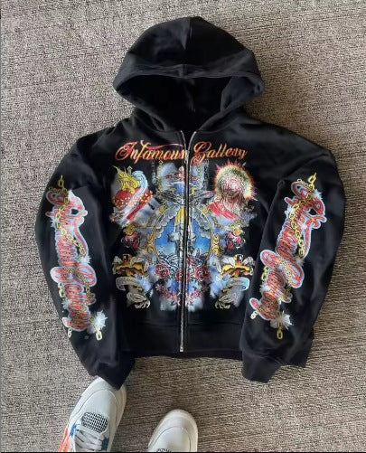Letter-printed American-style Fleece Hipster Streetwear Loose-fitting Zip-up Hoodie