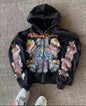 Letter-printed American-style Fleece Hipster Streetwear Loose-fitting Zip-up Hoodie