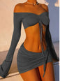 Drawstring Drop Ruched Off Shoulder Two-piece Skirt Set Y2K Long Sleeve Top & Bodycon Skirt Outfits Women's Clothing