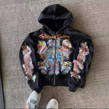 Letter-printed American-style Fleece Hipster Streetwear Loose-fitting Zip-up Hoodie