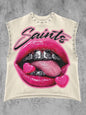 Nostalgic Lip Print Studded Casual Vest