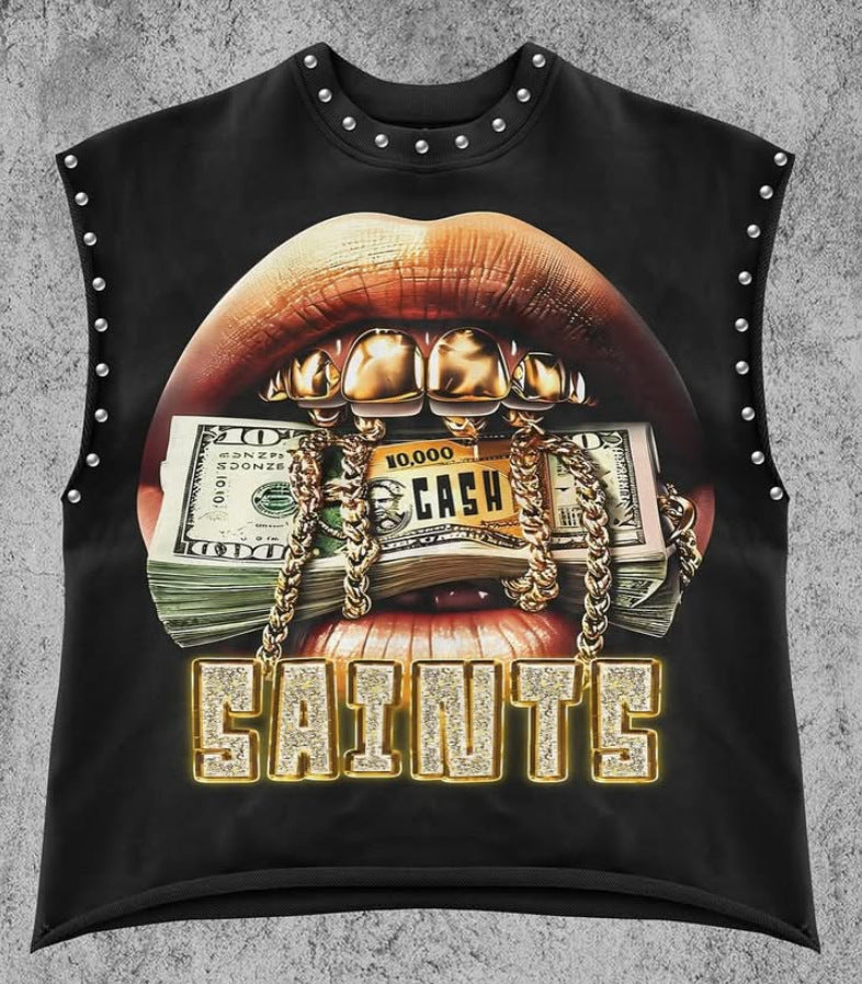 Nostalgic Lip Print Studded Casual Vest