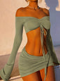 Drawstring Drop Ruched Off Shoulder Two-piece Skirt Set Y2K Long Sleeve Top & Bodycon Skirt Outfits Women's Clothing