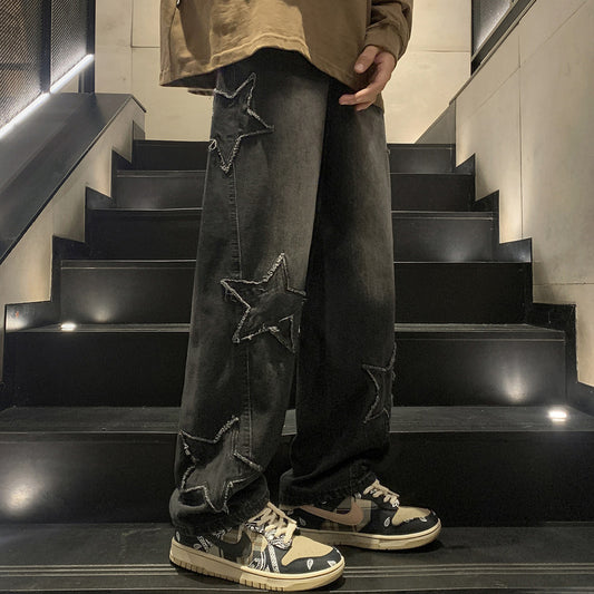 Men's Straight Leg Jeans, Winter High-End Streetwear, Loose Wide-Leg American High Street Vibe Pants