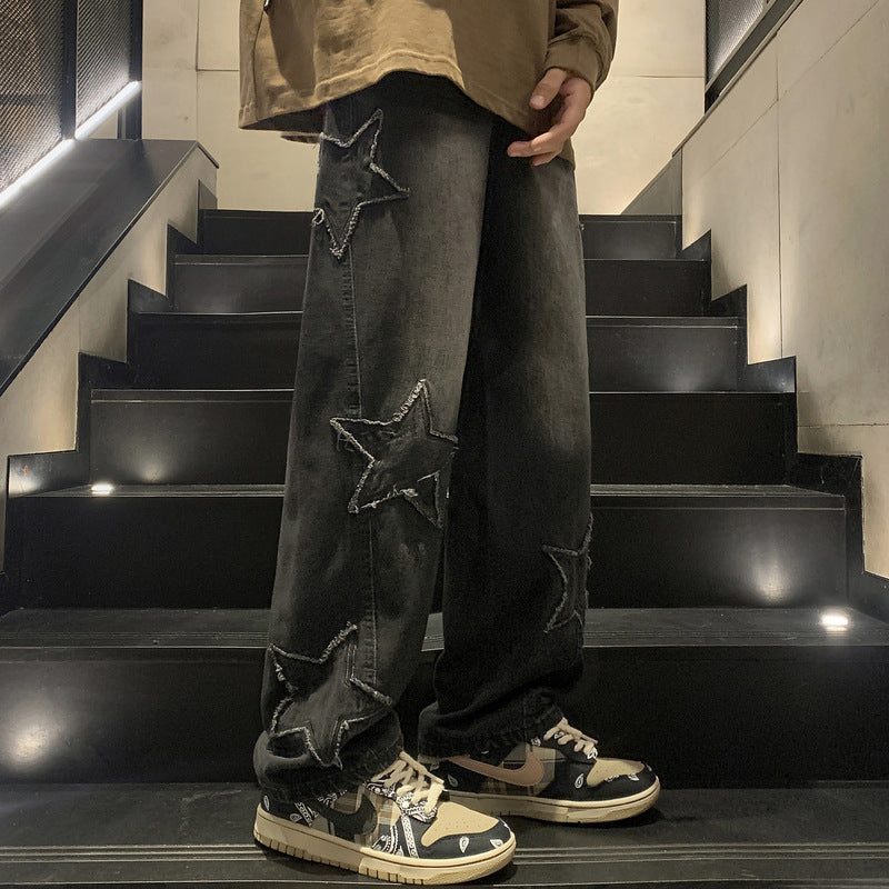 Men's Straight Leg Jeans, Winter High-End Streetwear, Loose Wide-Leg American High Street Vibe Pants