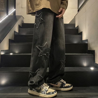 Men's Straight Leg Jeans, Winter High-End Streetwear, Loose Wide-Leg American High Street Vibe Pants
