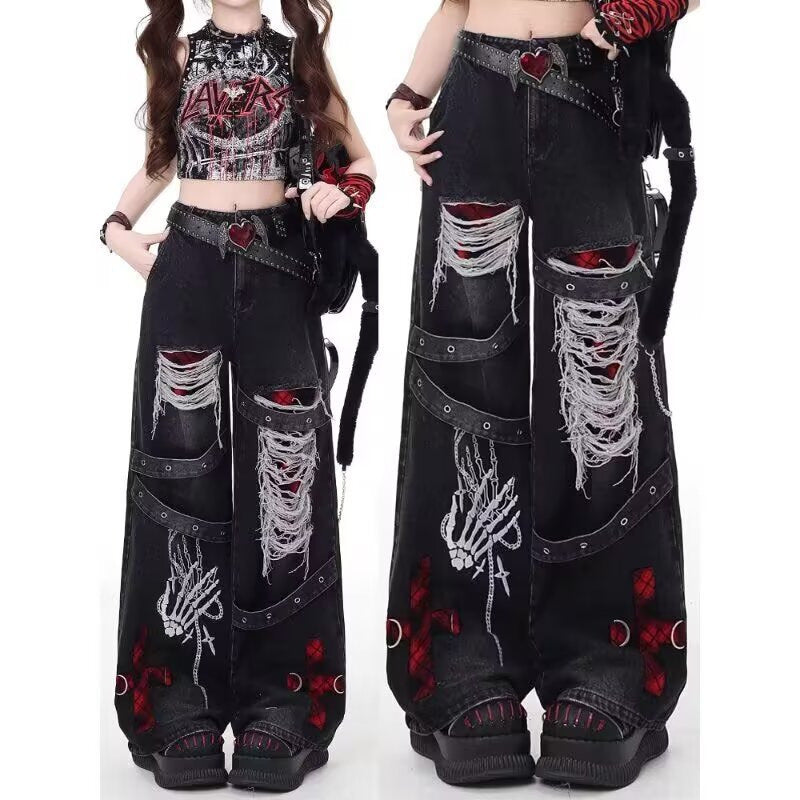 Womens Vintage Washed Distressed Ripped Jeans