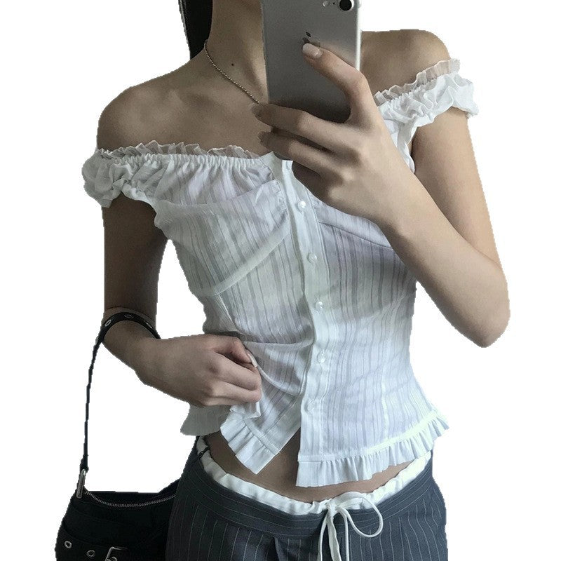 American-style Resort-Ready Minimalist Off-Shoulder Lace-trimmed Patchwork Short Shirt